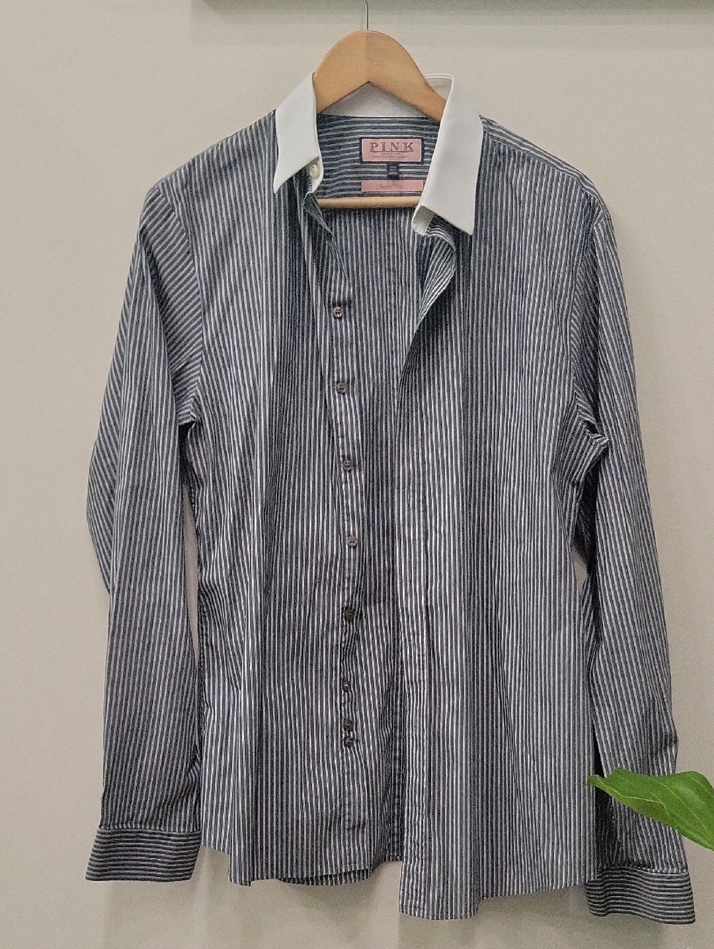 Thomas Pink Blue and White Stripe Dress Shirt with White Contrast Collar